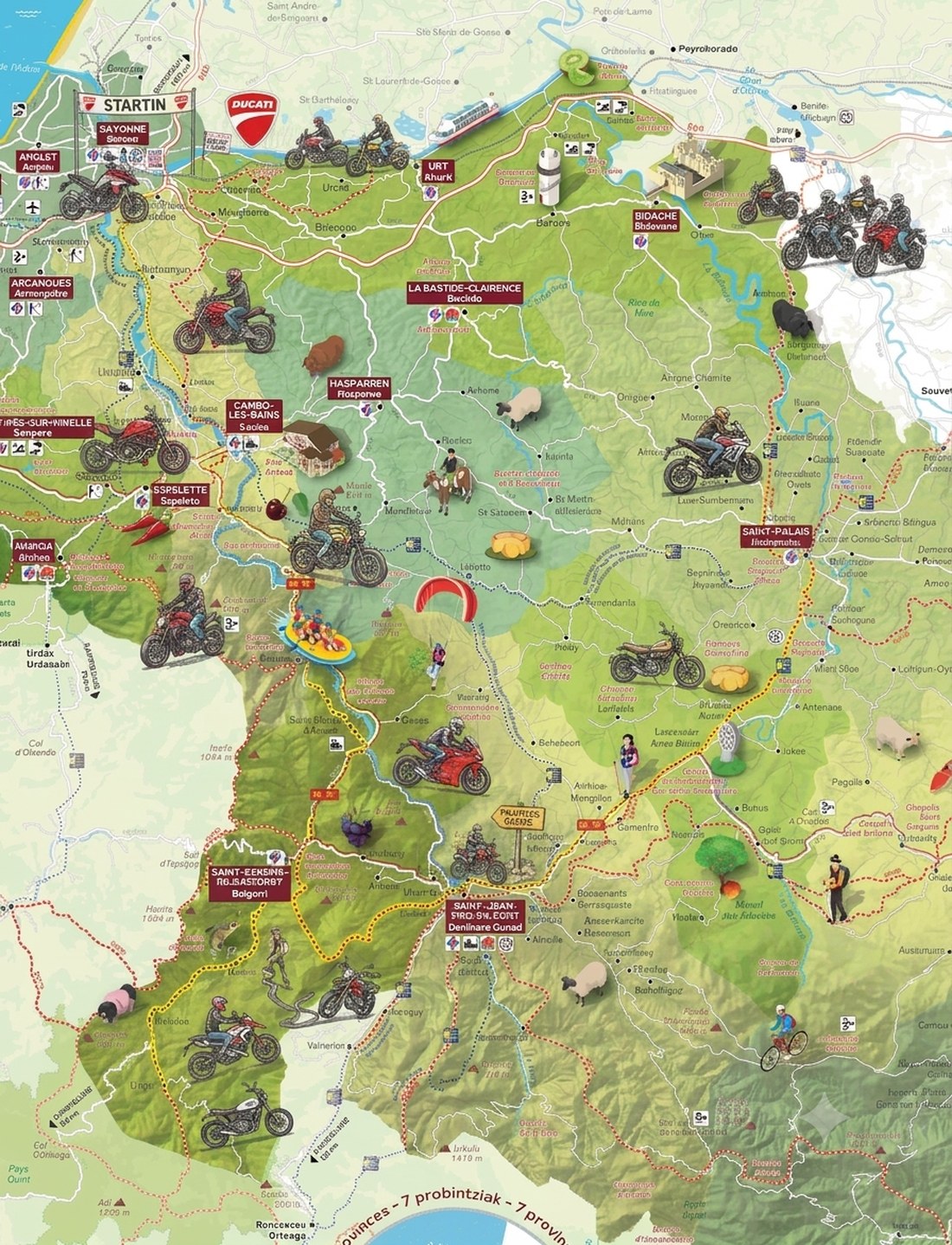 Carte illustrée de la zone du Pays Basque où se déroule le MotoTour